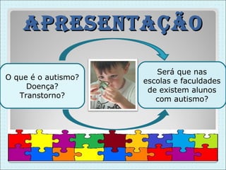 apresentação

                        Será que nas
O que é o autismo?   escolas e faculdades
     Doença?          de existem alunos
   Transtorno?          com autismo?
 