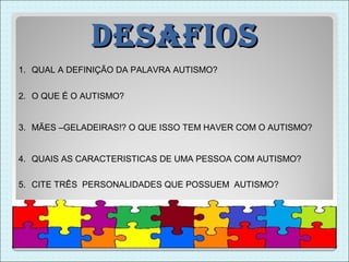 DesaFios
1. QUAL A DEFINIÇÃO DA PALAVRA AUTISMO?


2. O QUE É O AUTISMO?


3. MÃES –GELADEIRAS!? O QUE ISSO TEM HAVER COM O AUTISMO?


4. QUAIS AS CARACTERISTICAS DE UMA PESSOA COM AUTISMO?

5. CITE TRÊS PERSONALIDADES QUE POSSUEM AUTISMO?
 