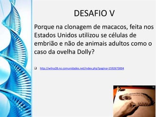 Clique para editar o título mestre
Clique para editar o estilo do
subtítulo mestre
6/9/2013 19
DESAFIO V
Porque na clonagem de macacos, feita nos
Estados Unidos utilizou se células de
embrião e não de animais adultos como o
caso da ovelha Dolly?
 http://wilna28.no.comunidades.net/index.php?pagina=1592673004
 