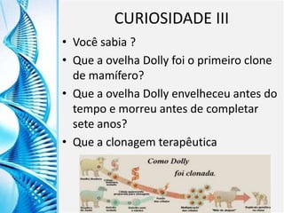 Clique para editar o título mestre
Clique para editar o estilo do
subtítulo mestre
6/9/2013 21
CURIOSIDADE III
• Você sabia ?
• Que a ovelha Dolly foi o primeiro clone
de mamífero?
• Que a ovelha Dolly envelheceu antes do
tempo e morreu antes de completar
sete anos?
• Que a clonagem terapêutica
 