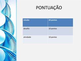 Clique para editar o título mestre
Clique para editar o estilo do
subtítulo mestre
6/9/2013 4
PONTUAÇÃO
missão 20 pontos
desafio 10 pontos
atividade 10 pontos
 