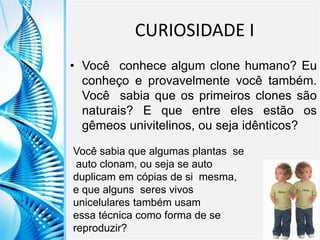 Clique para editar o título mestre
Clique para editar o estilo do
subtítulo mestre
6/9/2013 6
CURIOSIDADE I
• Você conhece algum clone humano? Eu
conheço e provavelmente você também.
Você sabia que os primeiros clones são
naturais? E que entre eles estão os
gêmeos univitelinos, ou seja idênticos?
Você sabia que algumas plantas se
auto clonam, ou seja se auto
duplicam em cópias de si mesma,
e que alguns seres vivos
unicelulares também usam
essa técnica como forma de se
reproduzir?
 