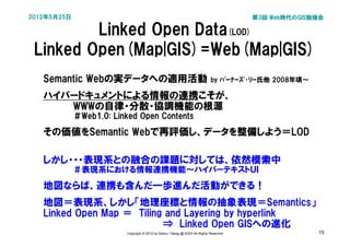2012年5月25日                                                                              第3回 Web時代のGIS勉強会

         Linked Open Data(LOD)
 Linked Open(Map|GIS)=Web(Map|GIS)
   Semantic Webの実データへの適用活動                                                   by ﾊﾞｰﾅｰｽﾞ･ﾘｰ氏他 2008年頃～

   ハイパードキュメントによる情報の連携こそが、
      WWWの自律・分散・協調機能の根源
             ＃Web1.0: Linked Open Contents
   その価値をSemantic Webで再評価し、データを整備しよう＝LOD　

   しかし・・・表現系との融合の課題に対しては、依然模索中
             ＃表現系における情報連携機能～ハイパーテキストＵＩ
   地図ならば、連携も含んだ一歩進んだ活動ができる！
   地図＝表現系、しかし「地理座標と情報の抽象表現＝Semantics」
   Linked Open Map ＝　Tiling and Layering by hyperlink
                           ⇒　Linked Open GISへの進化
                         Copyright © 2012 by Satoru Takagi @ KDDI All Rights Reserved                  15
 