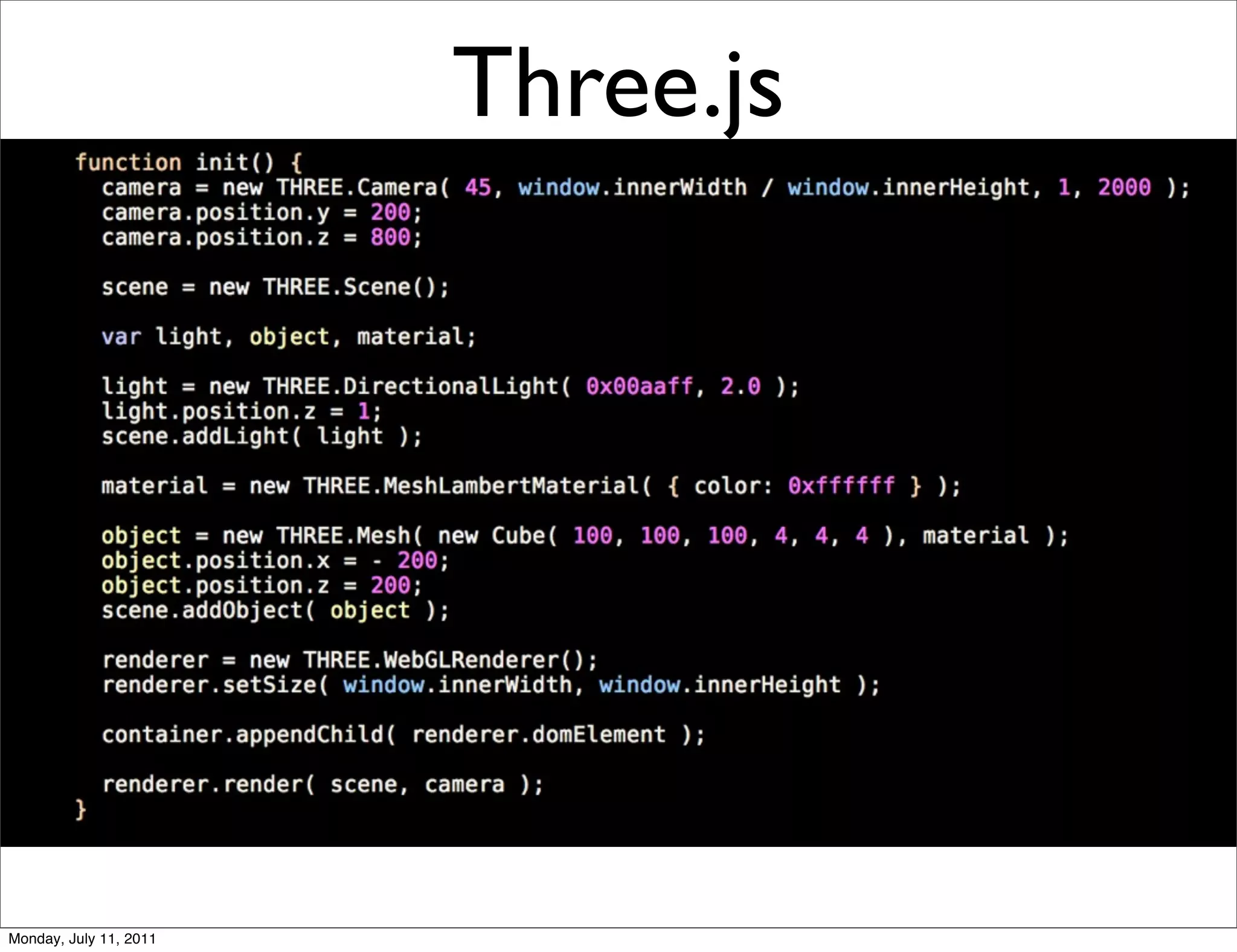 Three.js




Monday, July 11, 2011
 