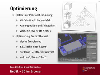 Open Web User Group Oberfranken
WebGL - 3D im Browser
Optimierung
Octrees zur Positionsbestimmung
Würfel mit acht Unterwürfeln
Kameraposition und Sichtbarkeit
viele, gleichverteilte Meshes
Optimierung der Sichtbarkeit
eigene Gruppierung
z.B. „Tische eines Raums“
nur Raum-Sichtbarkeit relevant
wirkt auf „Raum-Inhalt“
19
 
