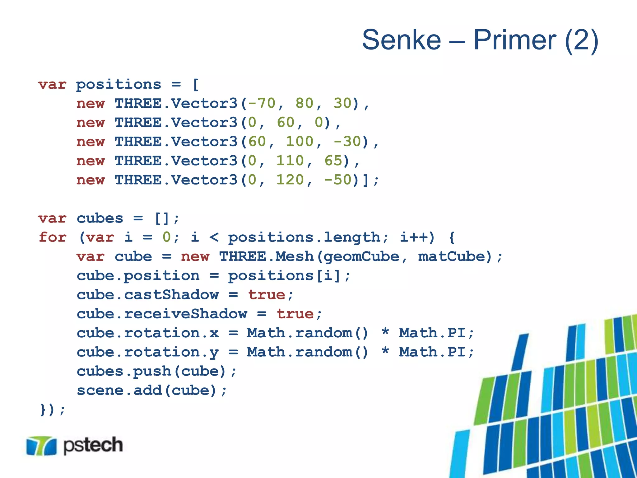 Senke – Primer (2)
var positions = [
new THREE.Vector3(-70, 80, 30),
new THREE.Vector3(0, 60, 0),
new THREE.Vector3(60, 100, -30),
new THREE.Vector3(0, 110, 65),
new THREE.Vector3(0, 120, -50)];
var cubes = [];
for (var i = 0; i < positions.length; i++) {
var cube = new THREE.Mesh(geomCube, matCube);
cube.position = positions[i];
cube.castShadow = true;
cube.receiveShadow = true;
cube.rotation.x = Math.random() * Math.PI;
cube.rotation.y = Math.random() * Math.PI;
cubes.push(cube);
scene.add(cube);
});
 