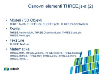 Osnovni elementi THREE.js-a (2)
• Modeli / 3D Objekti
THREE.Mesh, THREE.Line, THREE.Sprite, THREE.ParticleSystem
• Svetla
THREE.AmbientLight, THREE.DirectionalLight, THREE.SpotLight,
THREE.PointLight
• Teksture
THREE.Texture
• Matematika
THREE.Math, THREE.Vector2, THREE.Vector3, THREE.Matrix3,
THREE.Matrix4, THREE.Ray, THREE.Box3, THREE.Sphere,
THREE.Plane, ...
 