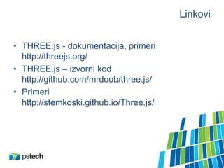 Linkovi
• THREE.js - dokumentacija, primeri
http://threejs.org/
• THREE.js – izvorni kod
http://github.com/mrdoob/three.js/
• Primeri
http://stemkoski.github.io/Three.js/
 