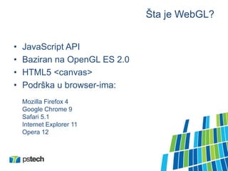 Šta je WebGL?
• JavaScript API
• Baziran na OpenGL ES 2.0
• HTML5 <canvas>
• Podrška u browser-ima:
Mozilla Firefox 4
Google Chrome 9
Safari 5.1
Internet Explorer 11
Opera 12
 