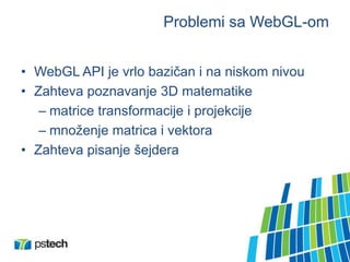 Problemi sa WebGL-om
• WebGL API je vrlo bazičan i na niskom nivou
• Zahteva poznavanje 3D matematike
– matrice transformacije i projekcije
– množenje matrica i vektora
• Zahteva pisanje šejdera
 