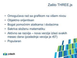 Zašto THREE.js
• Omogućava rad sa grafikom na višem nivou
• Objektno orijentisan
• Bogat pomoćnim alatkama i dodacima
• Sakriva složenu matematiku
• Aktivno se razvija – nova verzija izlazi svakih
mesec dana (poslednja verzija je r67)
• Popularan
 