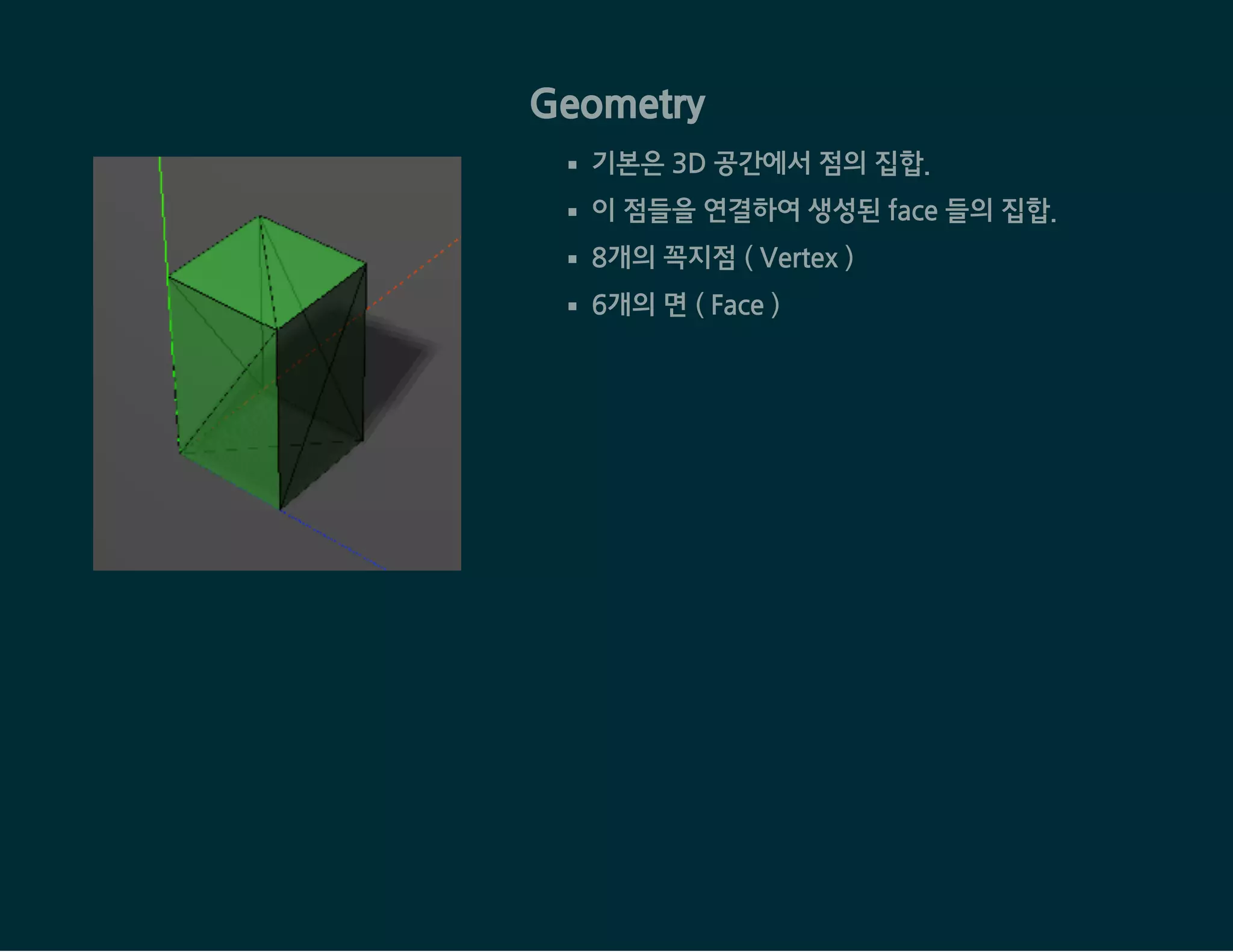 Geometry
기본은 3D 공간에서 점의 집합.
이 점들을 연결하여 생성된 face 들의 집합.
8개의 꼭지점 ( Vertex )
6개의 면 ( Face )
 