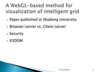  Paper published in Shadong University
 Browser/server vs. Client/server
 Security
 X3DOM
Anuj Deshpande 6
 
