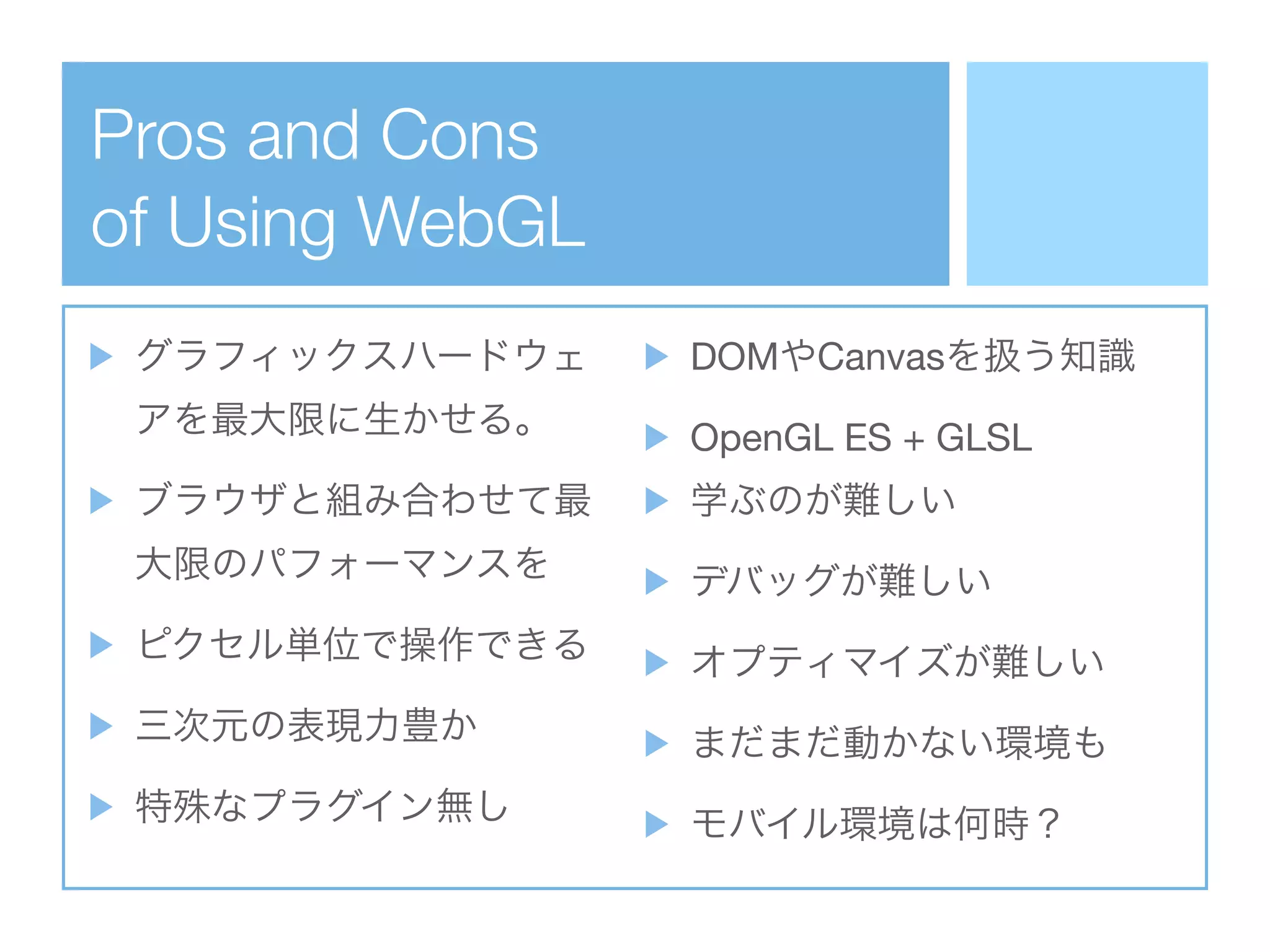 Pros and Cons
of Using WebGL
                 DOM Canvas

                 OpenGL ES + GLSL
 