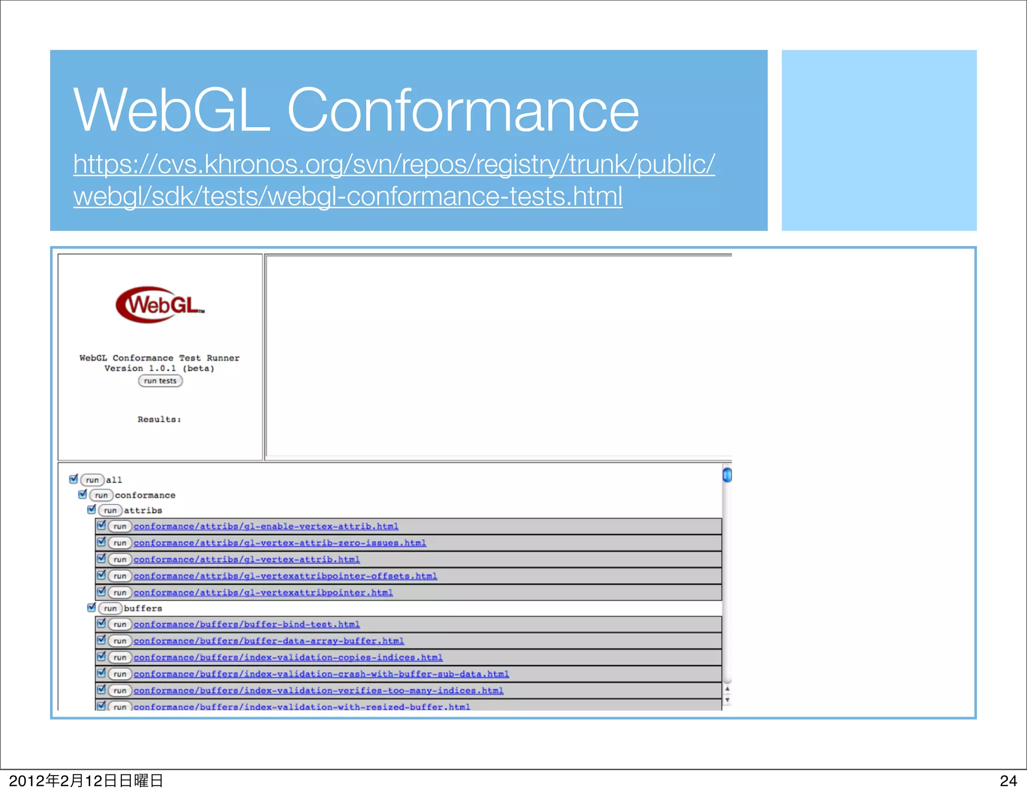 WebGL Conformance
           https://cvs.khronos.org/svn/repos/registry/trunk/public/
           webgl/sdk/tests/webgl-conformance-tests.html




2012   2    12                                                        24
 