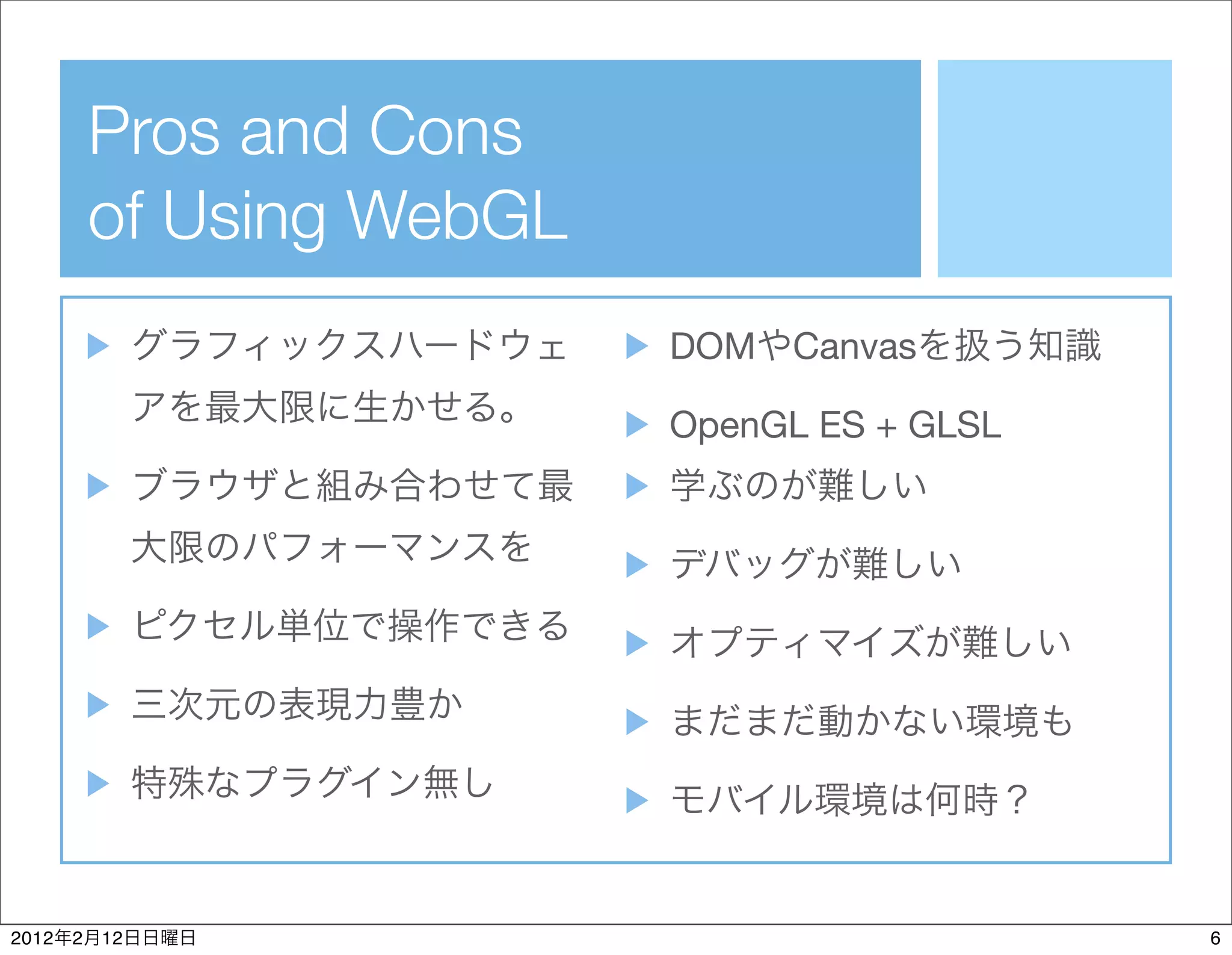 Pros and Cons
           of Using WebGL
                            DOM Canvas

                            OpenGL ES + GLSL




2012   2   12                                  6
 