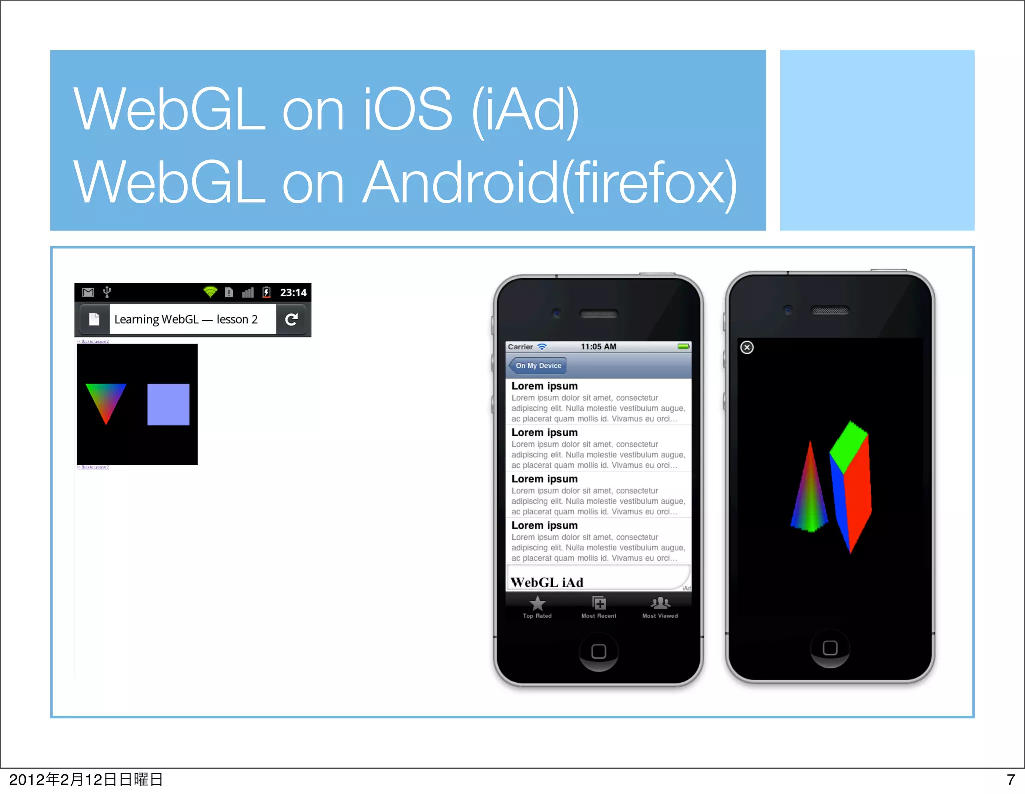 WebGL on iOS (iAd)
           WebGL on Android(ﬁrefox)




2012   2   12                         7
 