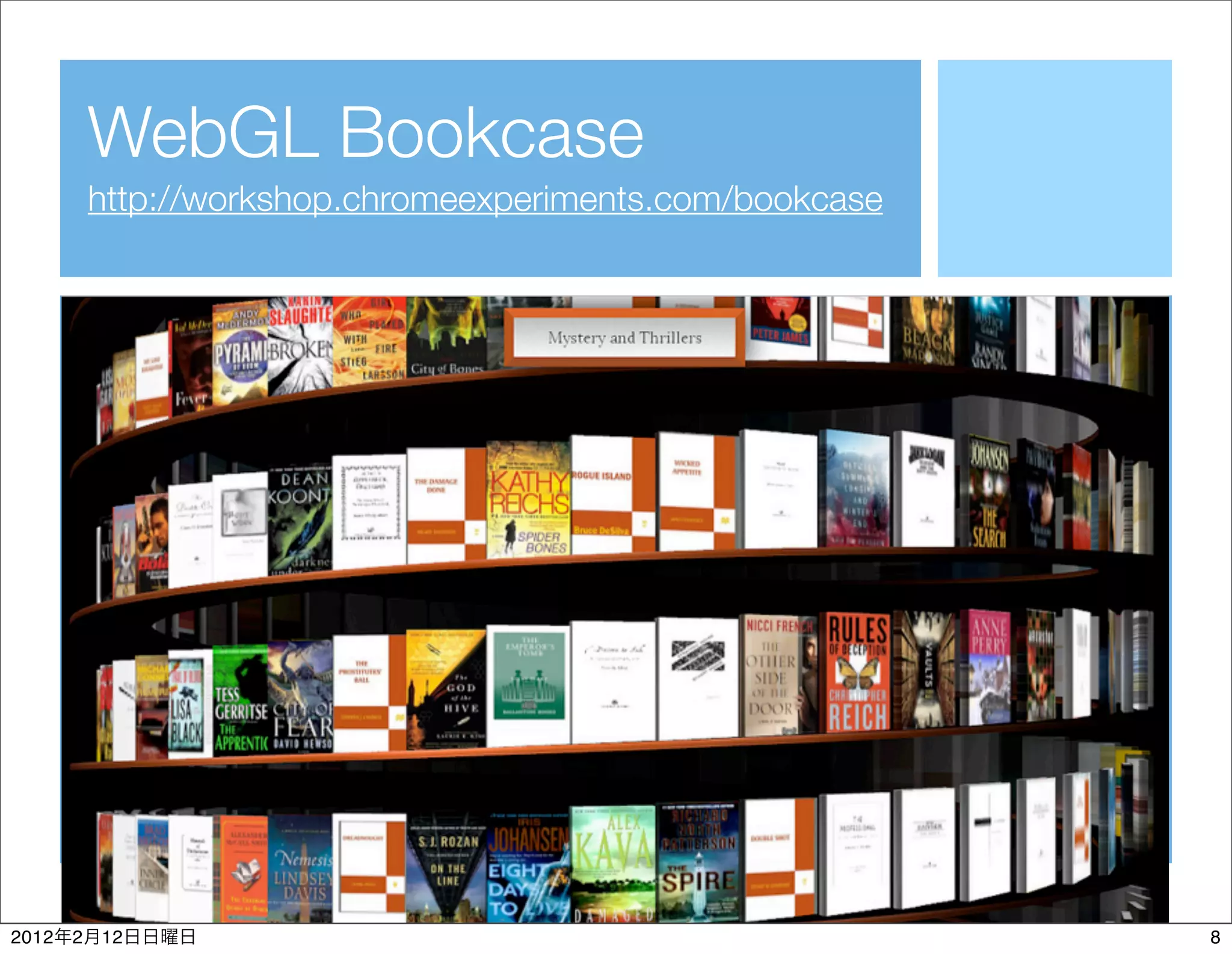WebGL Bookcase
           http://workshop.chromeexperiments.com/bookcase




2012   2   12                                               8
 
