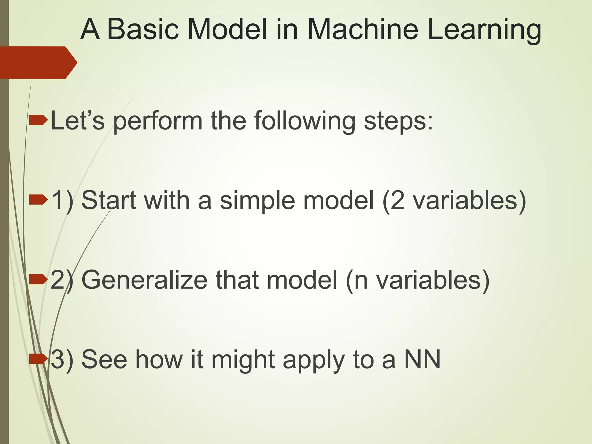 A Basic Model in Machine Learning
Let’s perform the following steps:
1) Start with a simple model (2 variables)
2) Generalize that model (n variables)
3) See how it might apply to a NN
 