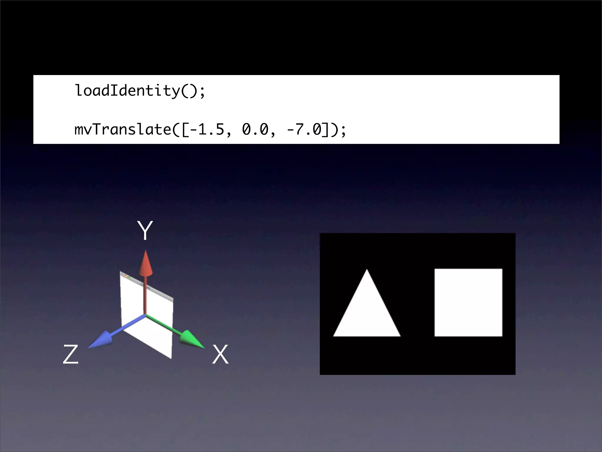 loadIdentity();

mvTranslate([-1.5, 0.0, -7.0]);
 
