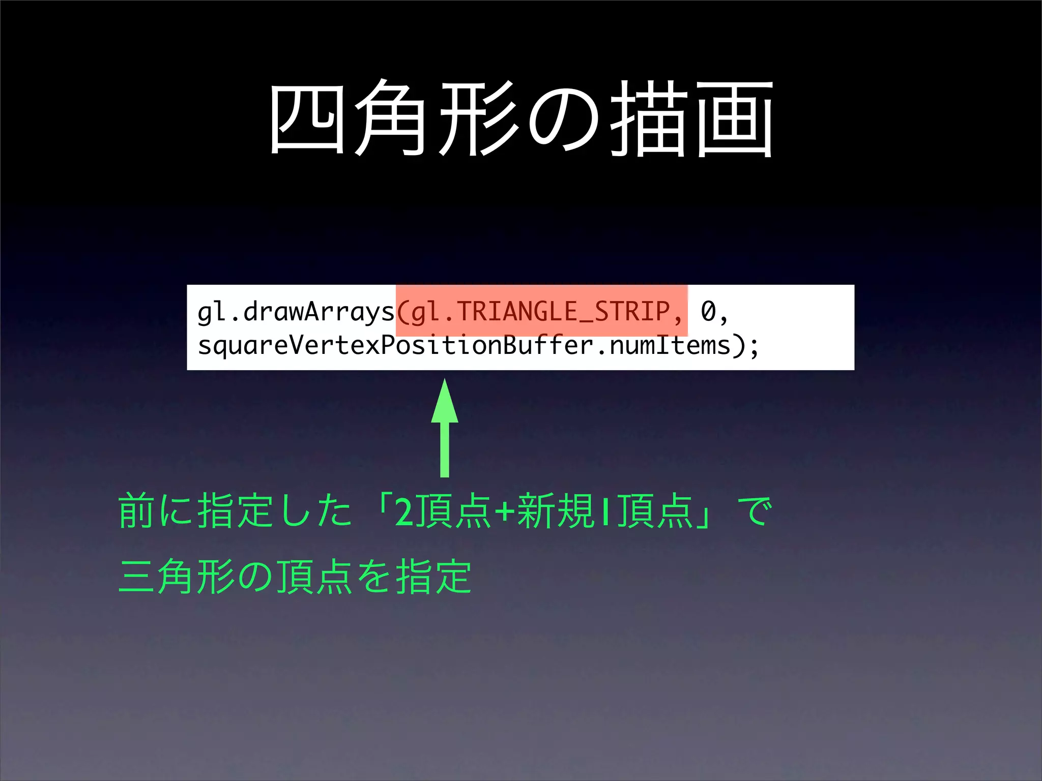 gl.drawArrays(gl.TRIANGLE_STRIP, 0,
squareVertexPositionBuffer.numItems);




            2      +      1
 