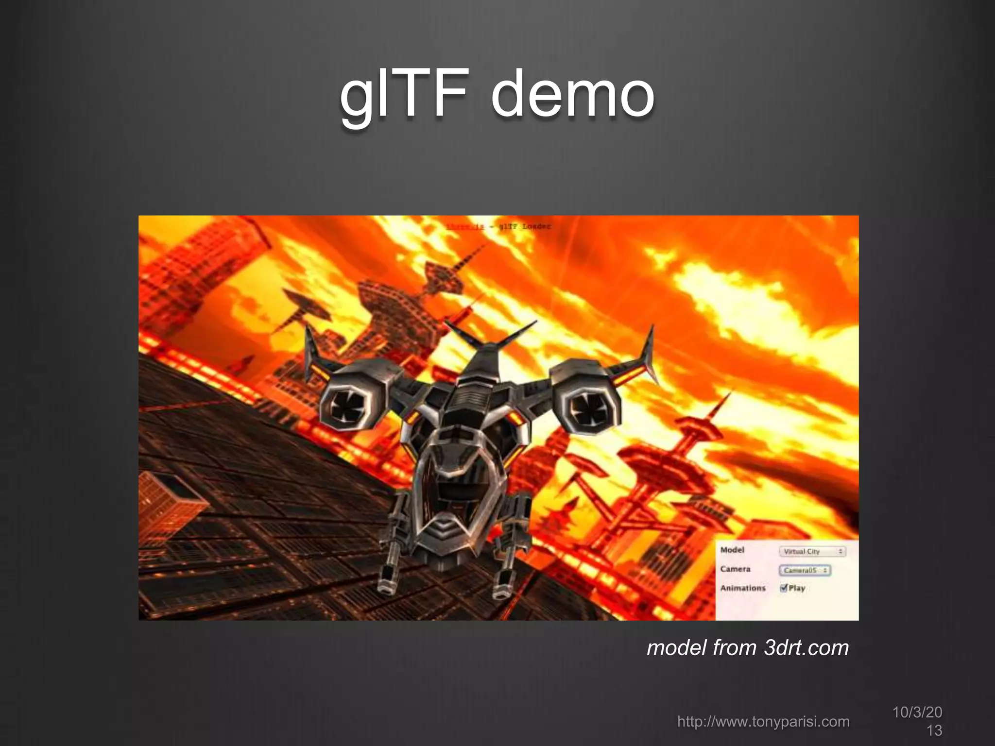 glTF demo
10/3/20
13
http://www.tonyparisi.com
model from 3drt.com
 