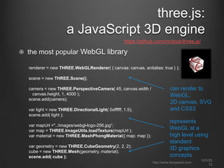 three.js:
a JavaScript 3D engine
the most popular WebGL library
renderer = new THREE.WebGLRenderer( { canvas: canvas, antialias: true } );
scene = new THREE.Scene();
camera = new THREE.PerspectiveCamera( 45, canvas.width /
canvas.height, 1, 4000 );
scene.add(camera);
var light = new THREE.DirectionalLight( 0xffffff, 1.5);
scene.add( light );
var mapUrl ="../images/webgl-logo-256.jpg“;
var map = THREE.ImageUtils.loadTexture(mapUrl );
var material = new THREE.MeshPhongMaterial({ map: map });
var geometry = new THREE.CubeGeometry(2, 2, 2);
cube = new THREE.Mesh(geometry, material);
scene.add( cube );
https://github.com/mrdoob/three.js/
represents
WebGL at a
high level using
standard
3D graphics
concepts
can render to
WebGL,
2D canvas, SVG
and CSS3
http://www.tonyparisi.com
10/3/20
13
 