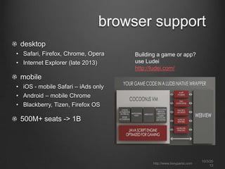 browser support
10/3/20
13
http://www.tonyparisi.com
Building a game or app?
use Ludei
http://ludei.com/
desktop
• Safari, Firefox, Chrome, Opera
• Internet Explorer (late 2013)
mobile
• iOS - mobile Safari – iAds only
• Android – mobile Chrome
• Blackberry, Tizen, Firefox OS
500M+ seats -> 1B
 