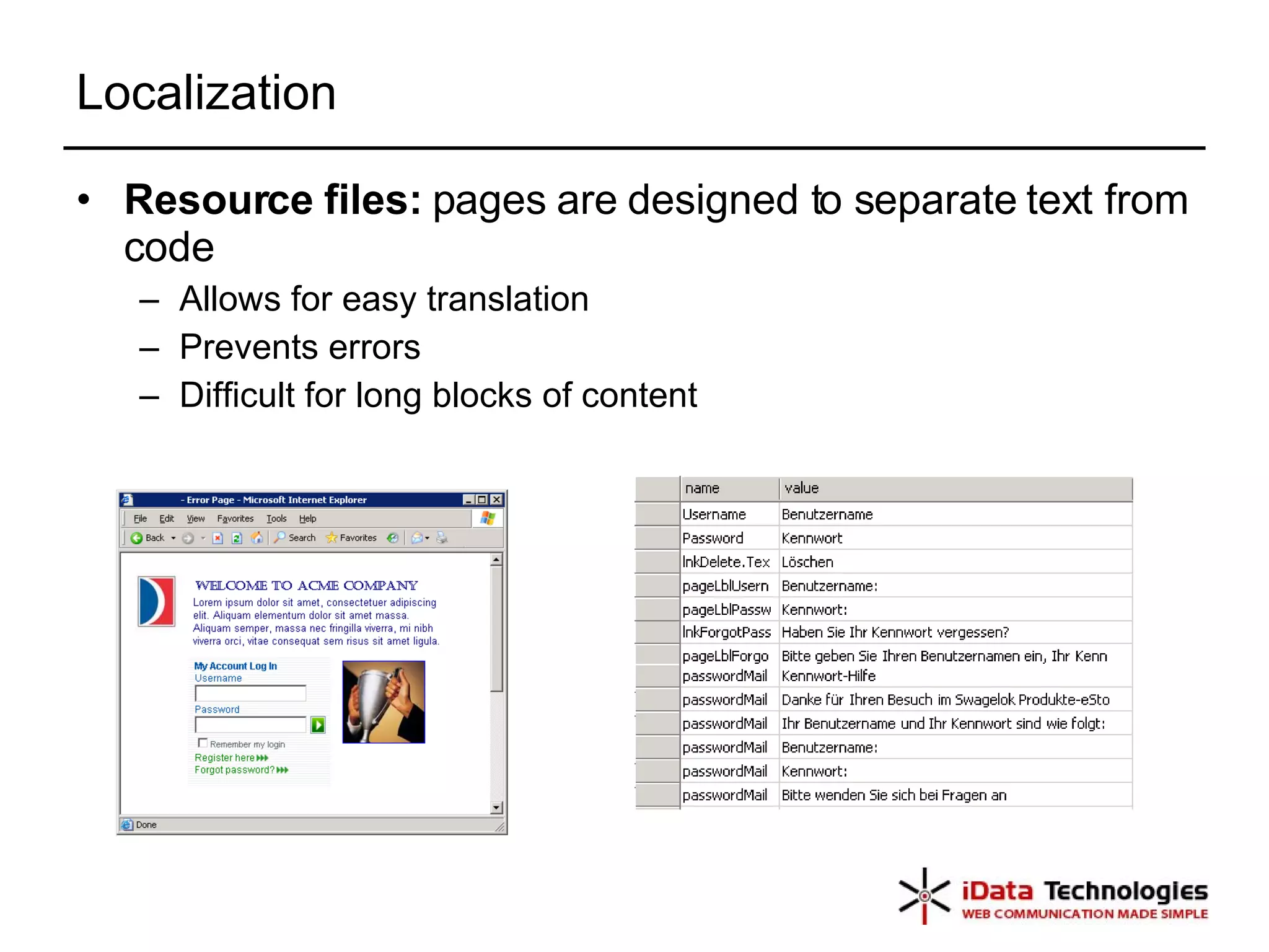 Localization Resource files:  pages are designed to separate text from code Allows for easy translation Prevents errors Difficult for long blocks of content 