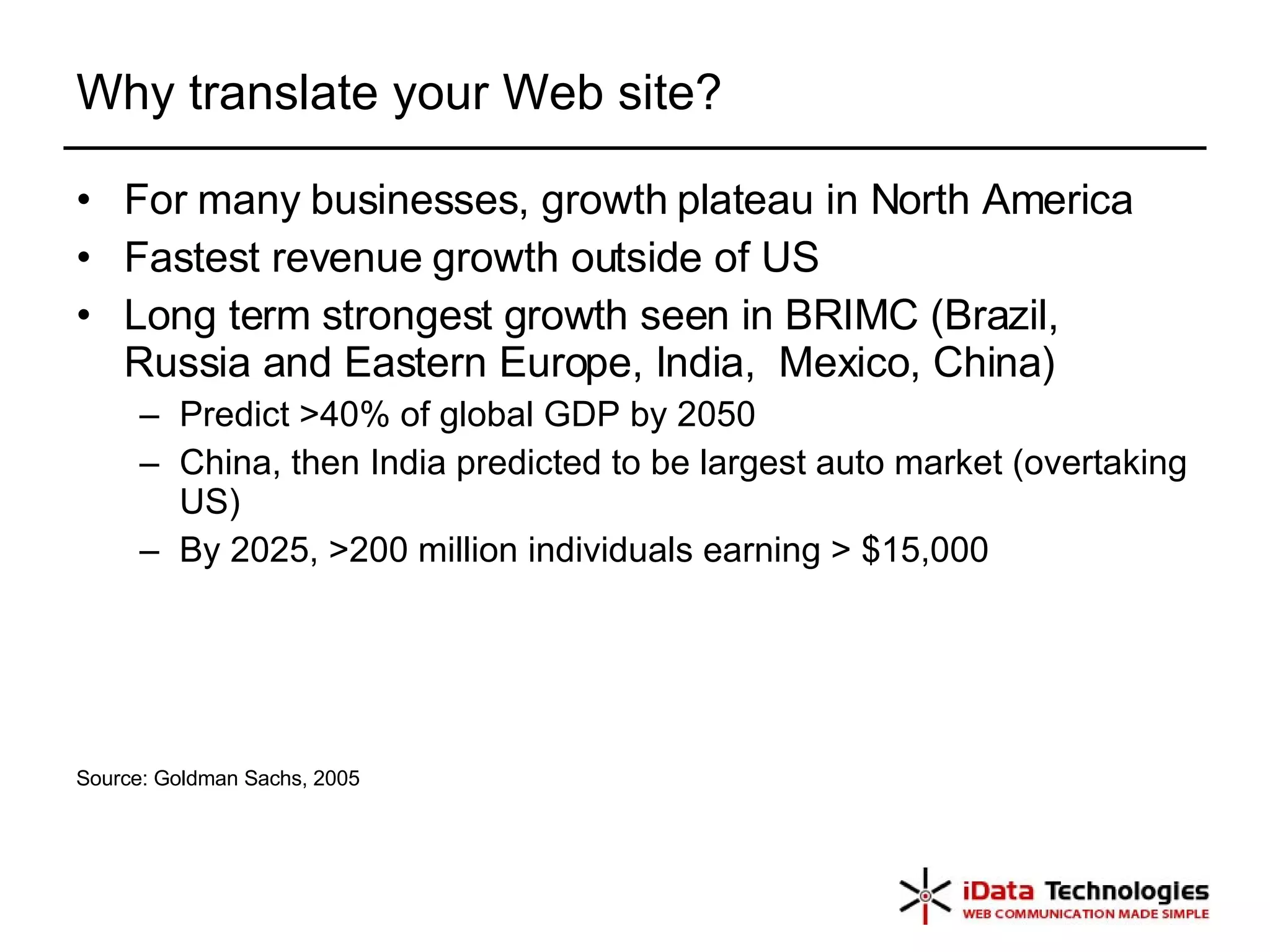 Why translate your Web site? For many businesses, growth plateau in North America Fastest revenue growth outside of US Long term strongest growth seen in BRIMC (Brazil, Russia and Eastern Europe, India,  Mexico, China) Predict >40% of global GDP by 2050 China, then India predicted to be largest auto market (overtaking US) By 2025, >200 million individuals earning > $15,000 Source: Goldman Sachs, 2005  