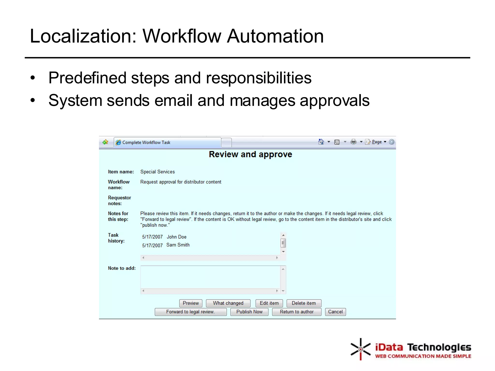 Localization: Workflow Automation Predefined steps and responsibilities System sends email and manages approvals  
