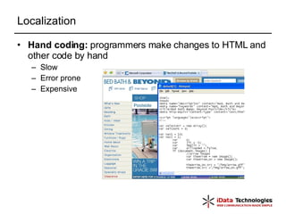 Localization Hand coding:  programmers make changes to HTML and other code by hand Slow Error prone Expensive 