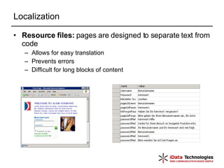 Localization Resource files:  pages are designed to separate text from code Allows for easy translation Prevents errors Difficult for long blocks of content 