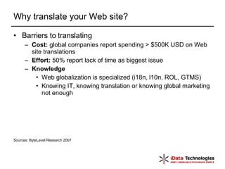 Why translate your Web site? Barriers to translating Cost:  global companies report spending > $500K USD on Web site translations Effort:  50% report lack of time as biggest issue Knowledge Web globalization is specialized (i18n, l10n, ROL, GTMS) Knowing IT, knowing translation or knowing global marketing not enough Sources: ByteLevel Research 2007 