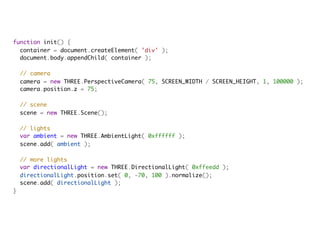 function init() {
  container = document.createElement( 'div' );
  document.body.appendChild( container );
            
  // camera
  camera = new THREE.PerspectiveCamera( 75, SCREEN_WIDTH / SCREEN_HEIGHT, 1, 100000 );
  camera.position.z = 75;
            
  // scene
  scene = new THREE.Scene();

  // lights
  var ambient = new THREE.AmbientLight( 0xffffff );
  scene.add( ambient );
            
  // more lights
  var directionalLight = new THREE.DirectionalLight( 0xffeedd );
  directionalLight.position.set( 0, -70, 100 ).normalize();
  scene.add( directionalLight );
}
 
