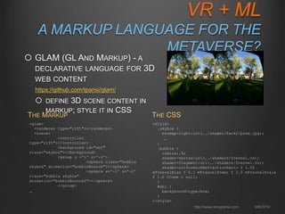 VR + ML 
A MARKUP LANGUAGE FOR THE 
METAVERSE? 
http://www.tonyparisi.com 9/8/2014 
 GLAM (GL AND MARKUP) - A 
DECLARATIVE LANGUAGE FOR 3D 
WEB CONTENT 
https://github.com/tparisi/glam/ 
 DEFINE 3D SCENE CONTENT IN 
MARKUP; STYLE IT IN CSS 
THE MARKUP 
<glam> 
<renderer type="rift"></renderer> 
<scene> 
<controller 
type="rift"></controller> 
<background id="sb1" 
class="skybox"></background> 
<group y ='1' z='-3'> 
<sphere class="bubble 
skybox" animation="bubbleBounce"></sphere> 
<sphere x='-1' z='-2' 
class="bubble skybox" 
animation="bubbleBounce2"></sphere> 
</group> 
… 
THE CSS 
<style> 
.skybox { 
envmap-right:url(../images/Park2/posx.jpg); 
… 
} 
.bubble { 
radius:.5; 
shader-vertex:url(../shaders/fresnel.vs); 
shader-fragment:url(../shaders/fresnel.fs); 
shader-uniforms:mRefractionRatio f 1.02 
mFresnelBias f 0.1 mFresnelPower f 2.0 mFresnelScale 
f 1.0 tCube t null; 
} 
#sb1 { 
background-type:box; 
} 
</style> 
 