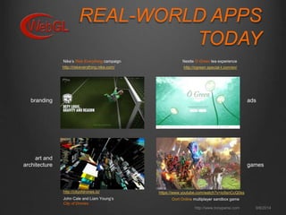 REAL-WORLD APPS 
TODAY 
Nike’s Risk Everything campaign Nestle O Green tea experience 
http://ogreen.special-t.com/en/ 
https://www.youtube.com/watch?v=io5snCcQ0ss 
http://riskeverything.nike.com/ 
http://cityofdrones.io/ 
branding 
art and 
ads 
architecture games 
John Cale and Liam Young’s 
City of Drones 
Oort Online multiplayer sandbox game 
http://www.tonyparisi.com 9/8/2014 
 