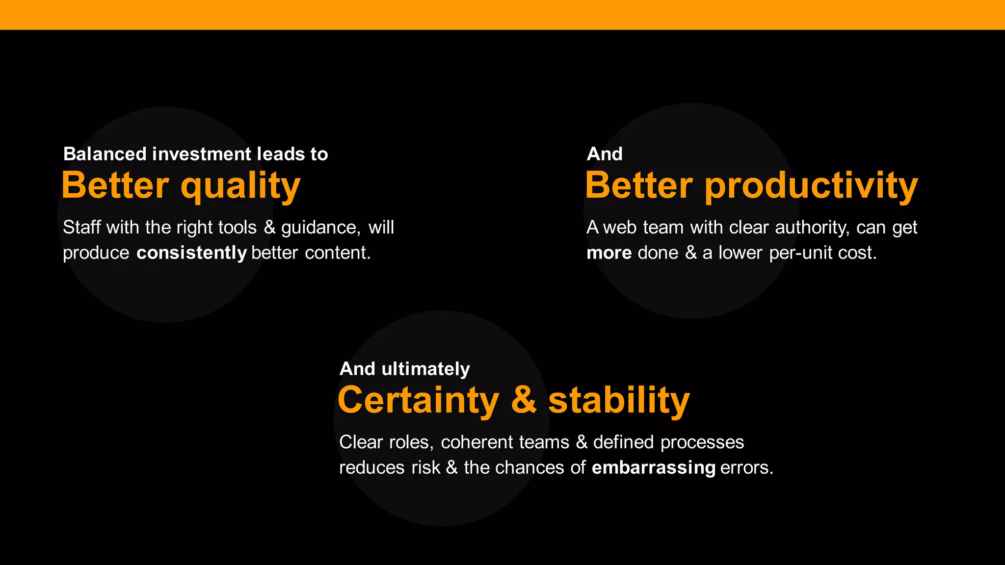 @diffily | @siteimprove | #WebGovernance 
Staff with the right tools & guidance, will produce consistently better content. 
Better quality 
A web team with clear authority, can get more done & a lower per-unit cost. 
Better productivity 
Clear roles, coherent teams & defined processes reduces risk & the chances of embarrassing errors. 
Certainty & stability 
Balanced investment leads to 
And 
And ultimately  