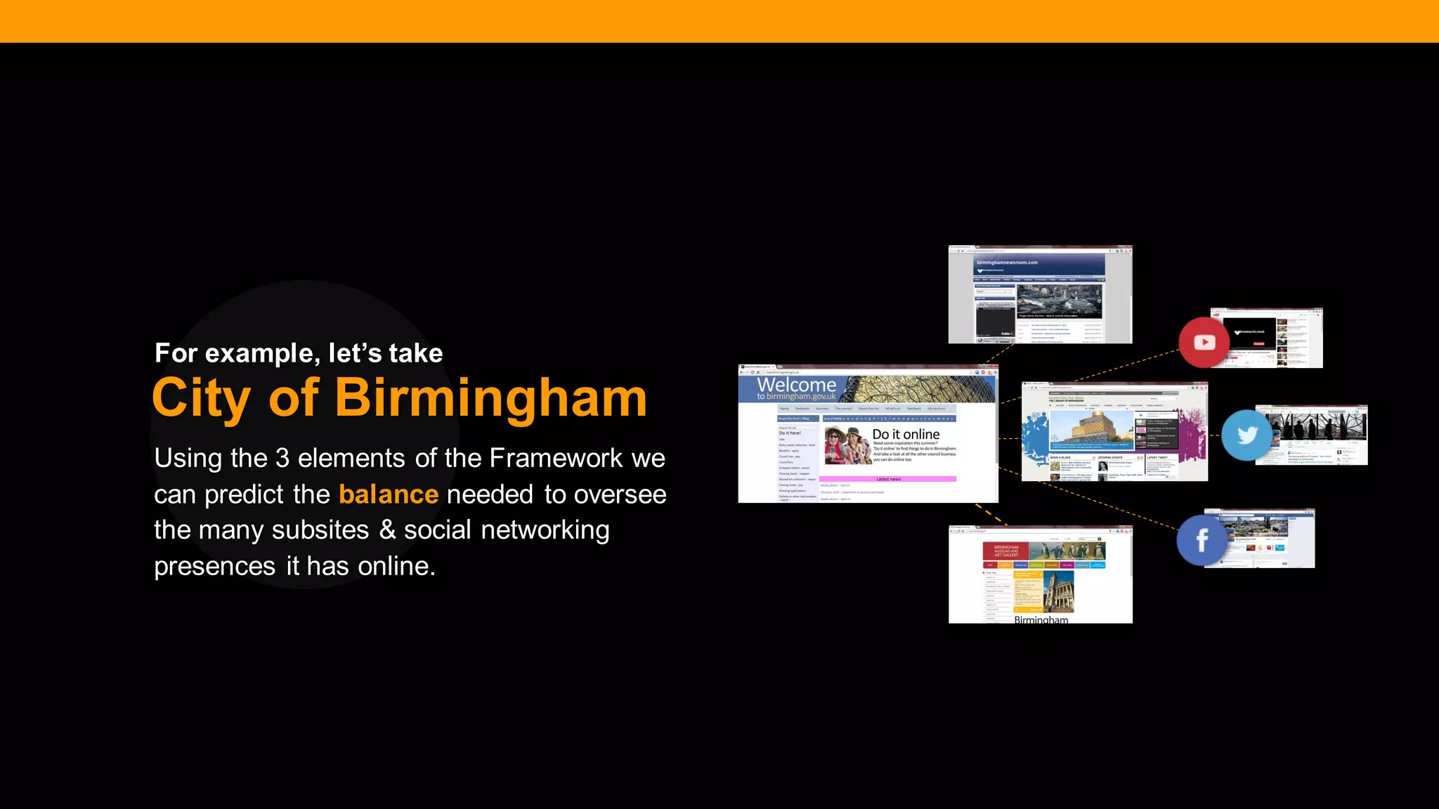 @diffily | @siteimprove | #WebGovernance 
Using the 3 elements of the Framework we can predict the balance needed to oversee the many subsites & social networking presences it has online. 
City of Birmingham 
For example, let’s take  