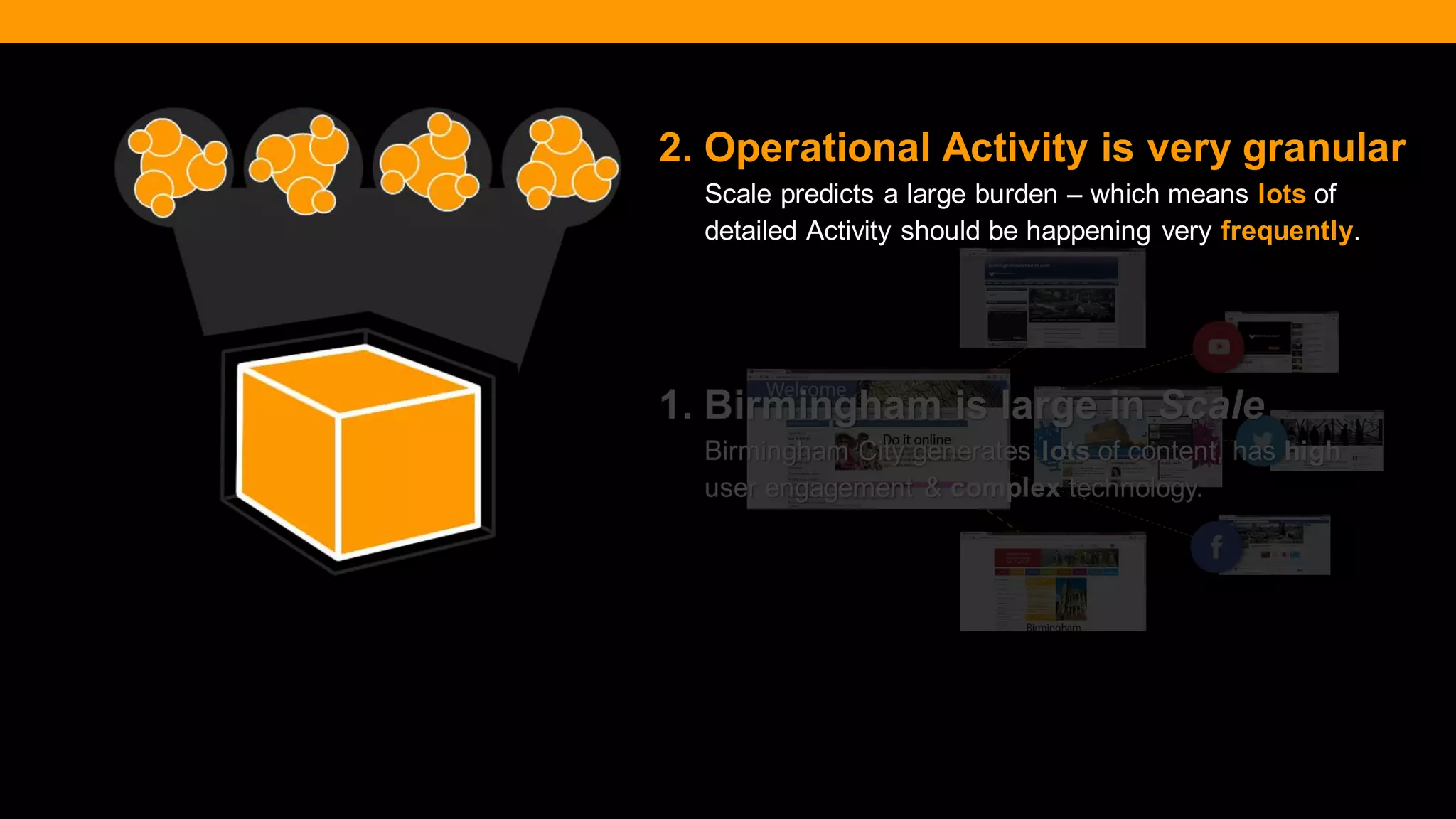 @diffily | @siteimprove | #WebGovernance 
1. Birmingham is large in Scale 
Birmingham City generates lots of content, has high user engagement & complex technology. 
2. Operational Activity is very granular 
Scale predicts a large burden – which means lots of detailed Activity should be happening very frequently.  