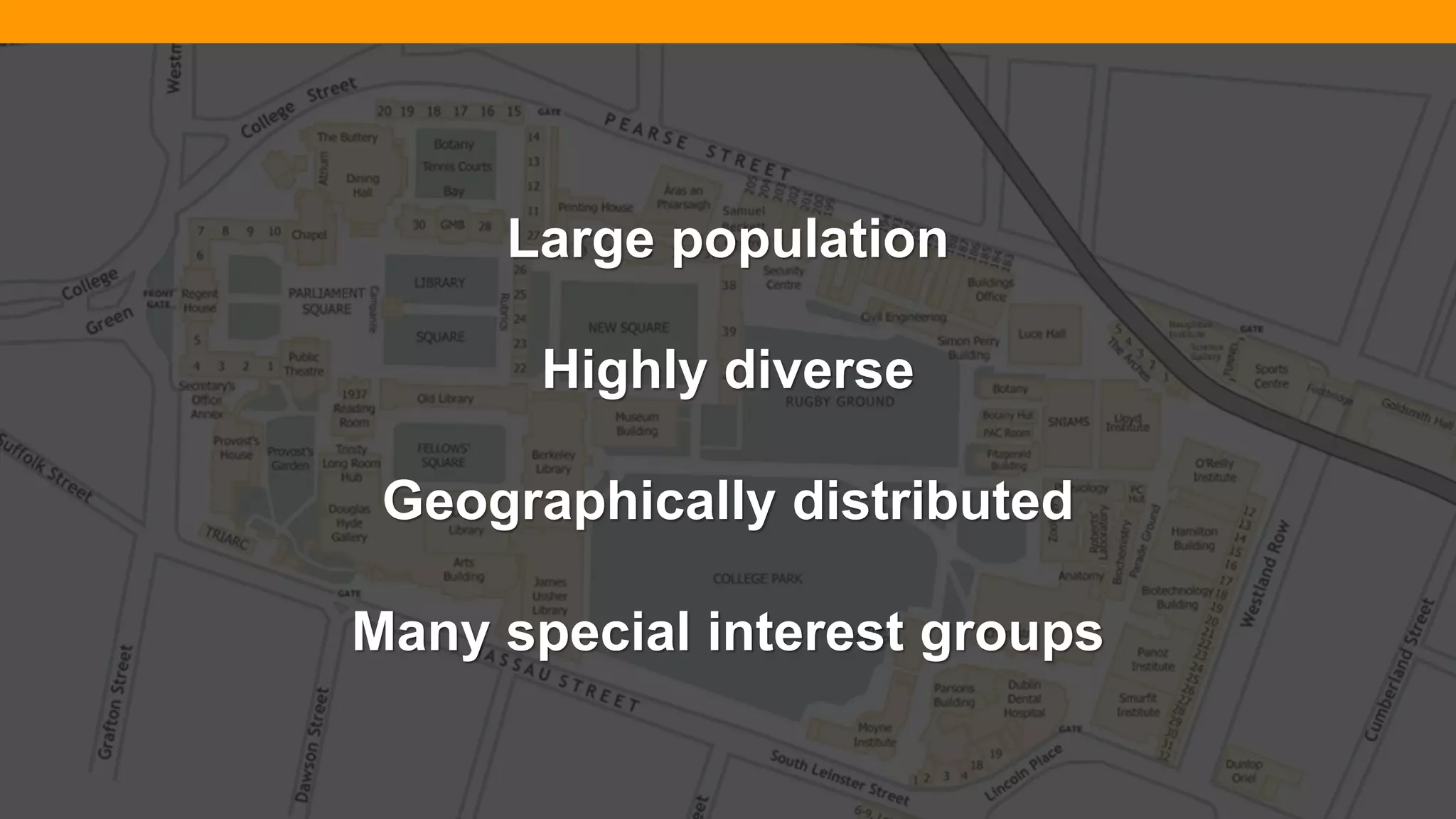 @diffily | @siteimprove | #WebGovernance@diffily | @siteimprove | #WebGovernance
Large population
Highly diverse
Geographically distributed
Many special interest groups
 
