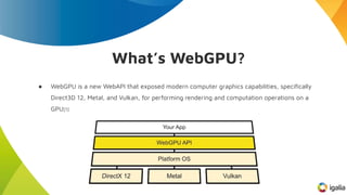 ● WebGPU is a new WebAPI that exposed modern computer graphics capabilities, speciﬁcally
Direct3D 12, Metal, and Vulkan, f...