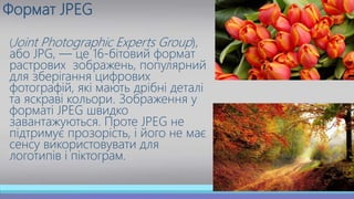 Формат JPEG
(Joint Photographic Experts Group),
або JPG, — це 16-бітовий формат
растрових зображень, популярний
для зберігання цифрових
фотографій, які мають дрібні деталі
та яскраві кольори. Зображення у
форматі JPEG швидко
завантажуються. Проте JPEG не
підтримує прозорість, і його не має
сенсу використовувати для
логотипів і піктограм.
 
