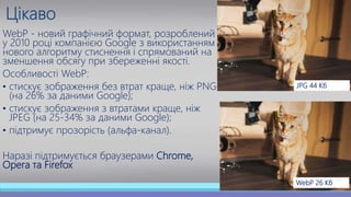 Цікаво
WebP - новий графічний формат, розроблений
у 2010 році компанією Google з використанням
нового алгоритму стиснення і спрямований на
зменшення обсягу при збереженні якості.
Особливості WebP:
• стискує зображення без втрат краще, ніж PNG
(на 26% за даними Google);
• стискує зображення з втратами краще, ніж
JPEG (на 25-34% за даними Google);
• підтримує прозорість (альфа-канал).
Наразі підтримується браузерами Chrome,
Opera та Firefox
JPG 44 Кб
WebP 26 Кб
 