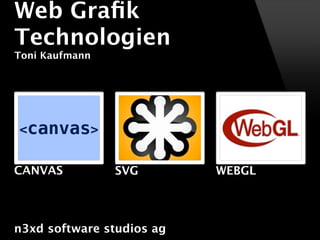 Web Graﬁk
Technologien
Toni Kaufmann




<canvas>


CANVAS          SVG        WEBGL




n3xd software studios ag
 