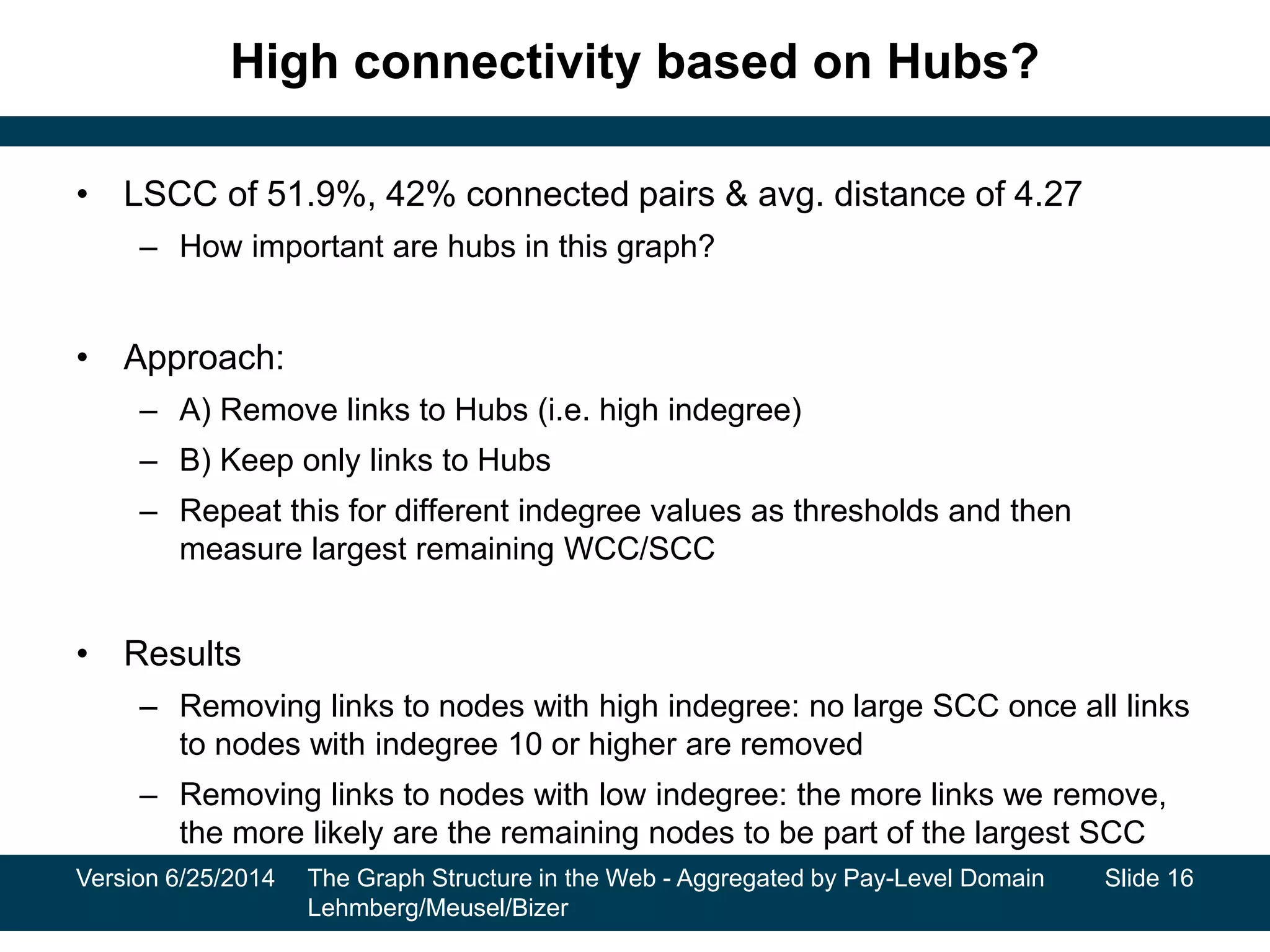 High connectivity based on Hubs?
• LSCC of 51.9%, 42% connected pairs & avg. distance of 4.27
– How important are hubs in this graph?
• Approach:
– A) Remove links to Hubs (i.e. high indegree)
– B) Keep only links to Hubs
– Repeat this for different indegree values as thresholds and then
measure largest remaining WCC/SCC
• Results
– Removing links to nodes with high indegree: no large SCC once all links
to nodes with indegree 10 or higher are removed
– Removing links to nodes with low indegree: the more links we remove,
the more likely are the remaining nodes to be part of the largest SCC
Version 6/25/2014 The Graph Structure in the Web - Aggregated by Pay-Level Domain
Lehmberg/Meusel/Bizer
Slide 16
 