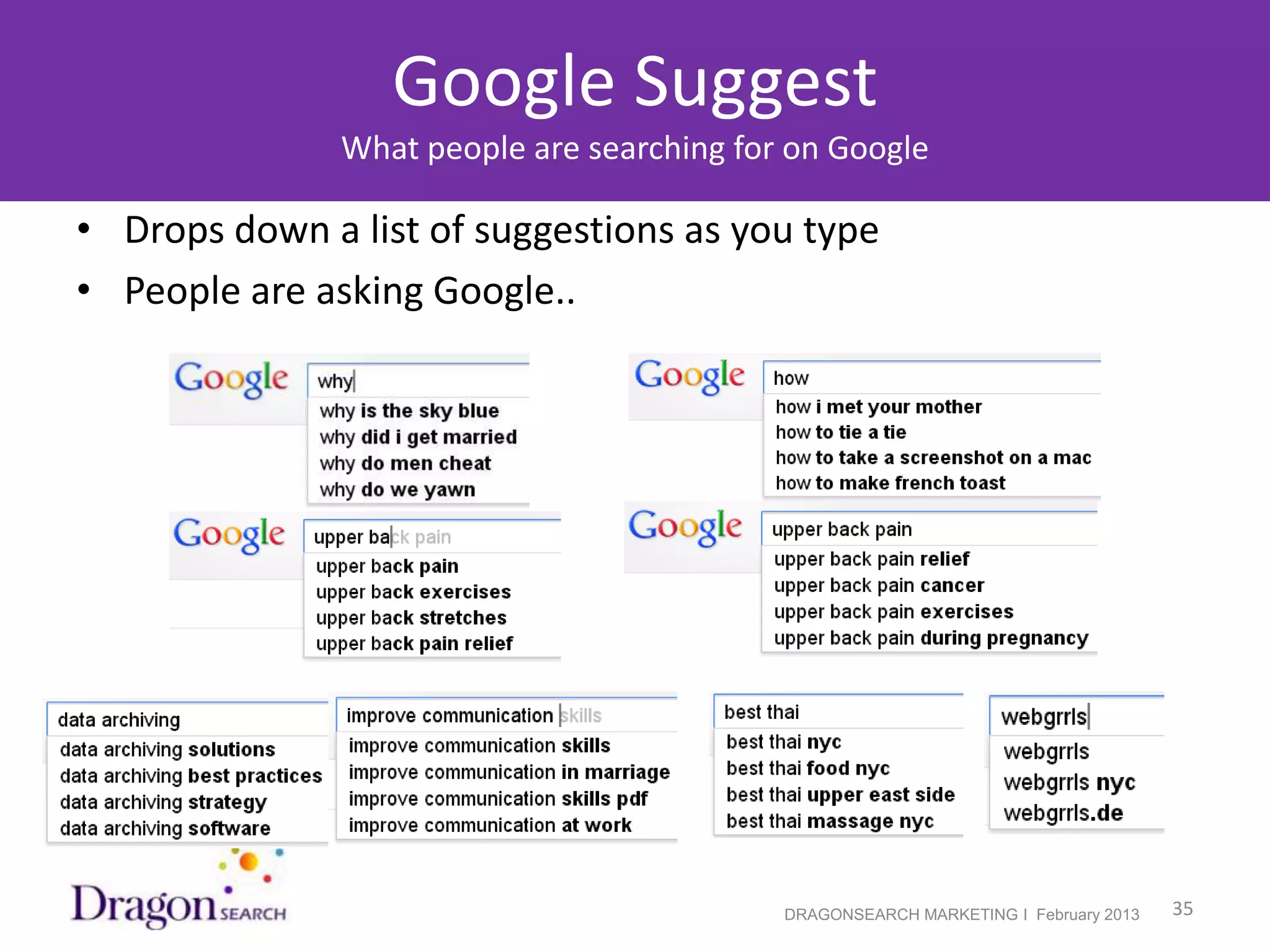 Google Suggest
               What people are searching for on Google

• Drops down a list of suggestions as you type
• People are asking Google..




2/19/2013                                   DRAGONSEARCH MARKETING I February 2013   35
 