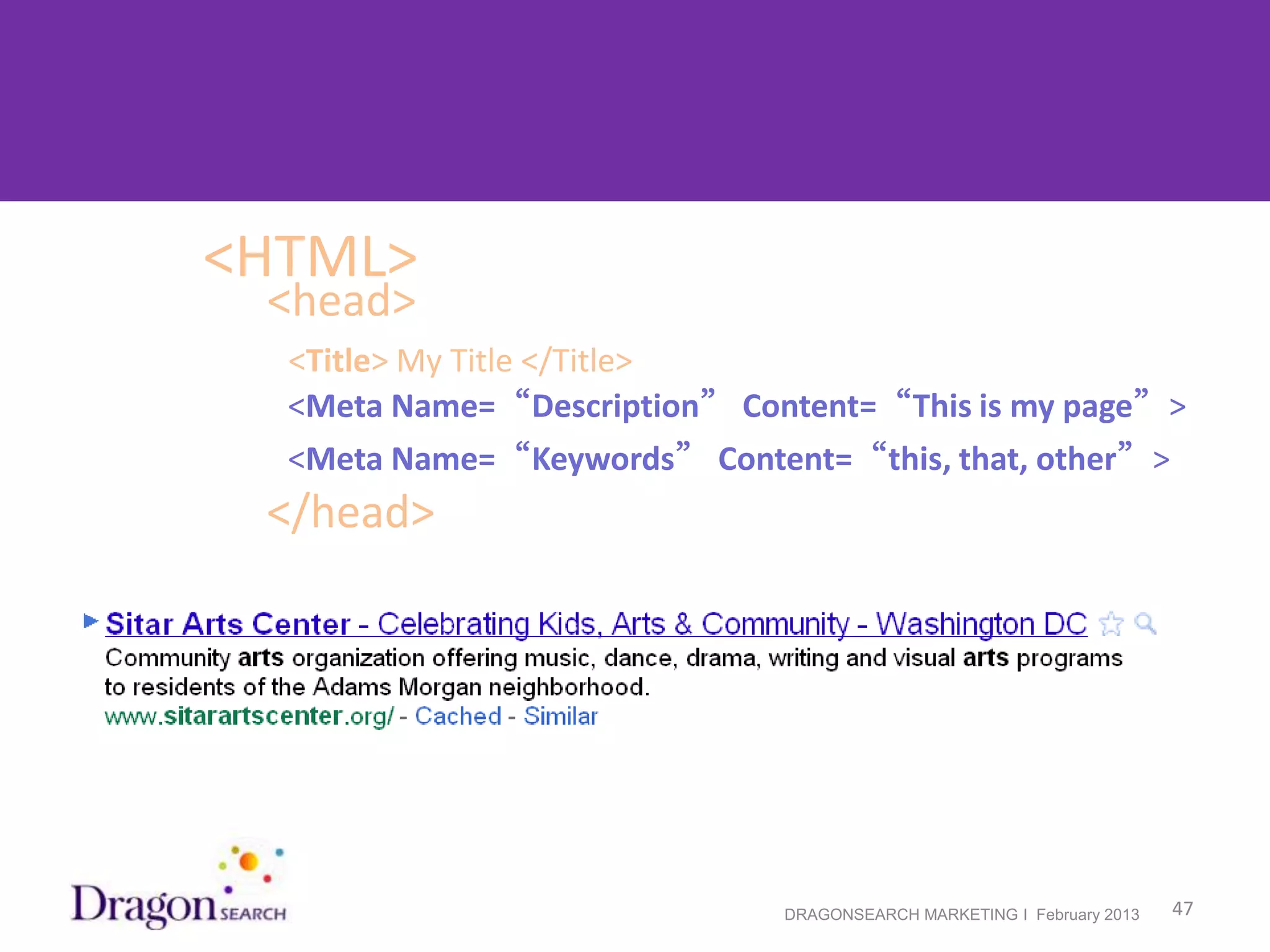Dual view of code/SERP
        <HTML>
            <head>
            <Title> My Title </Title>
            <Meta Name=“Description” Content=“This is my page”>
            <Meta Name=“Keywords” Content=“this, that, other”>
            </head>




2/19/2013                               DRAGONSEARCH MARKETING I February 2013   47
 
