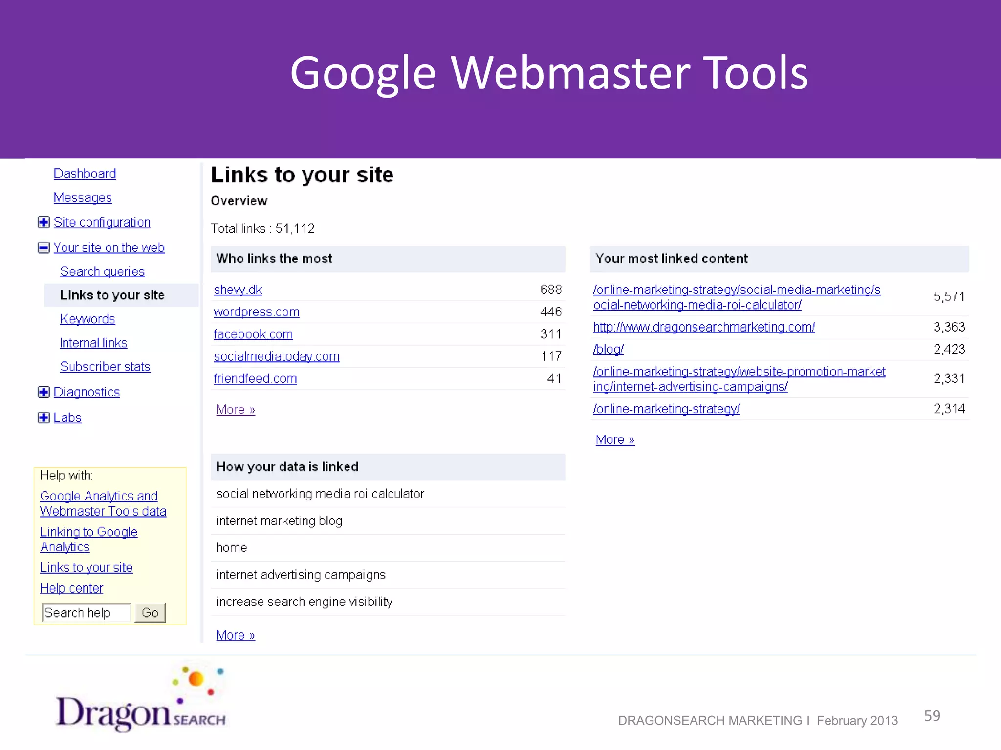 Google Webmaster Tools




2/19/2013                DRAGONSEARCH MARKETING I February 2013   59
 