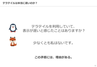 テラテイルは本当に遅いのか？
11
テラテイルを利用していて、
表示が遅いと感じたことはありますか？
少なくとも私はないです。
この矛盾には、理由がある。
 